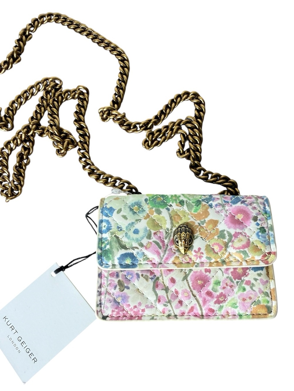 KURT GEIGER New Kensington Couture Micro Crossbody Bag Floral Gold Toned Chain